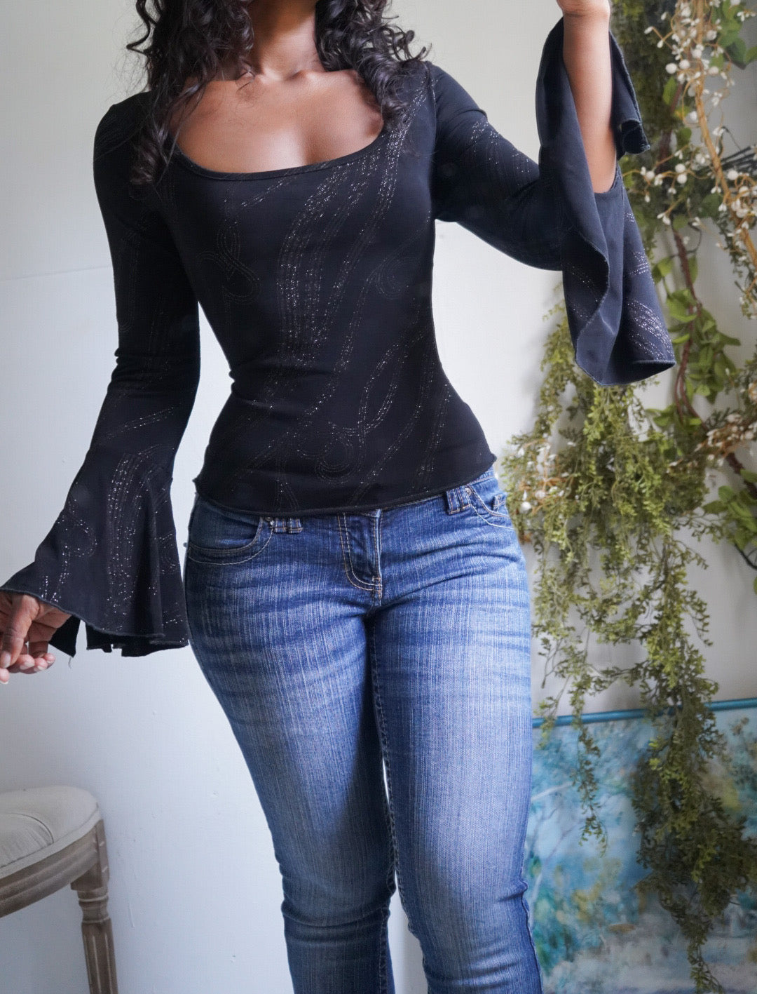 Y2K Black Glitter Ruffle Sleeve Top