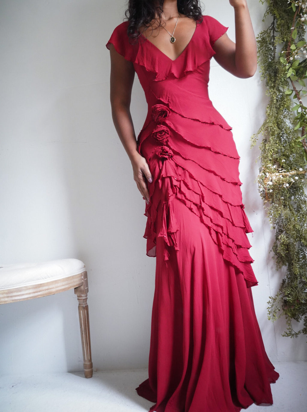 Rare Y2K Red Silk Ruffle Gown