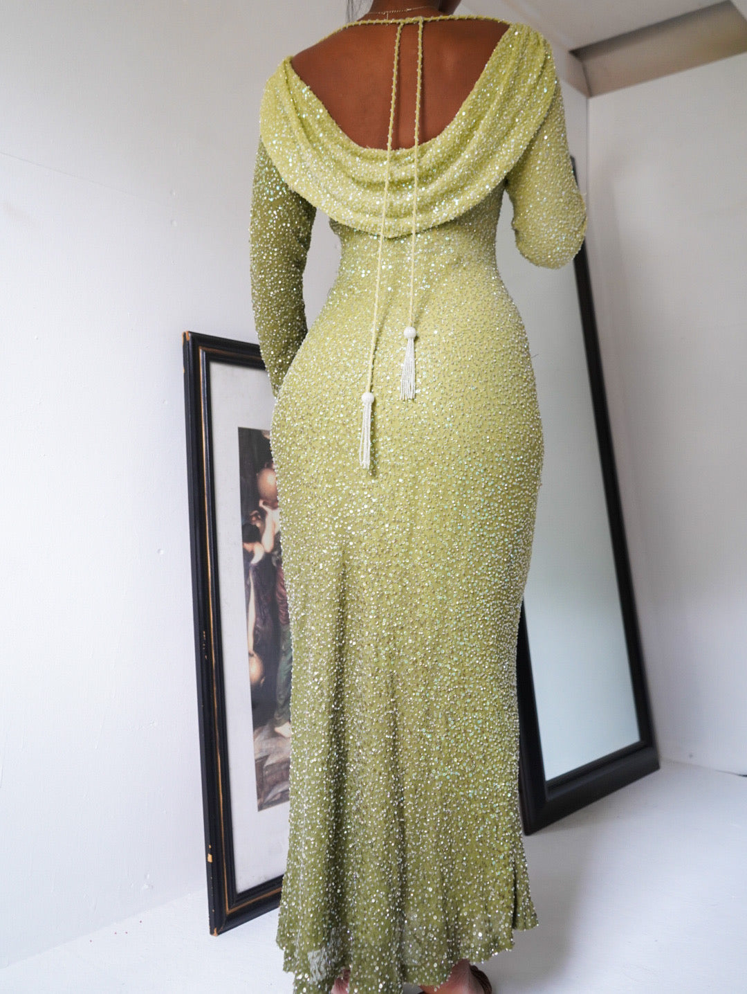 Ombre Sage Green Beaded Long Sleeve Silk Gown