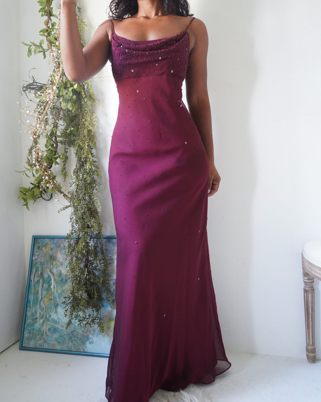 Y2K Iridescent Wine Beaded Gown
