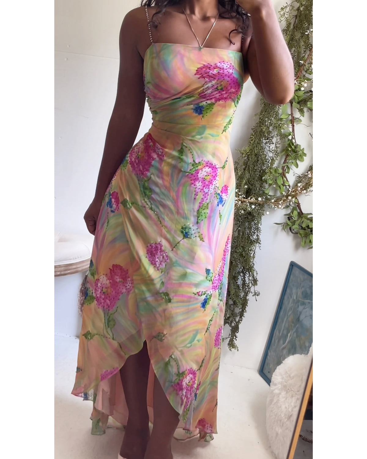 Y2K Beaded Rainbow Floral High-Low Gown