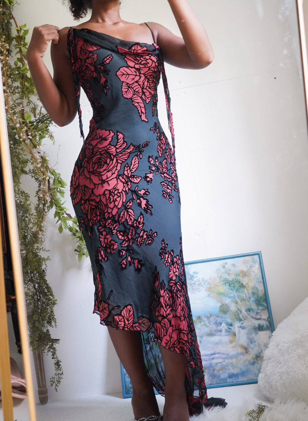 Rare Y2K Burnout Rose Silk Midi Dress