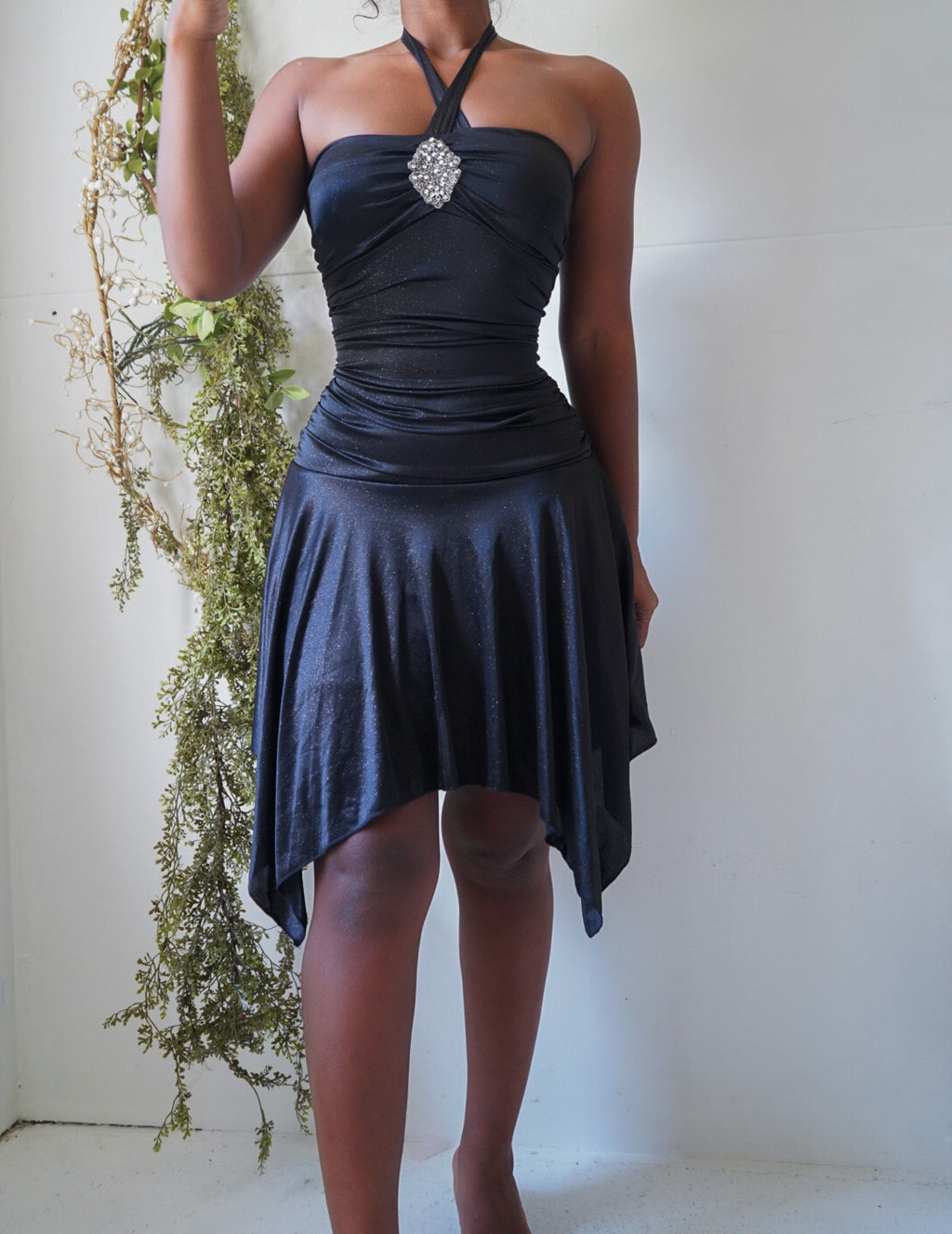 Y2K Black Sparkle Stretch Halter Mini Dress