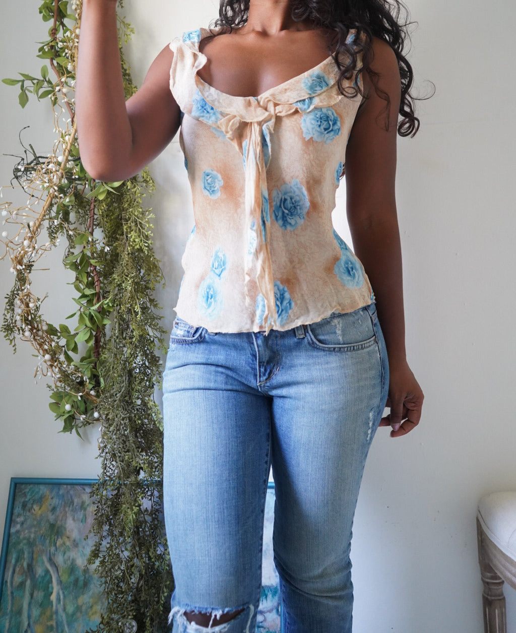 Y2K Romantic Tan and Blue Floral Top