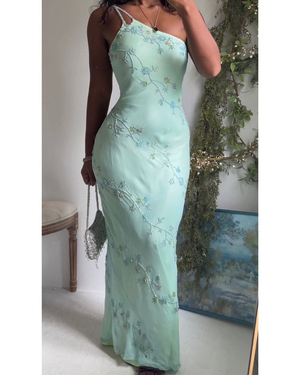 Rare Y2K Silk Layered and Beaded One Shoulder Gown
