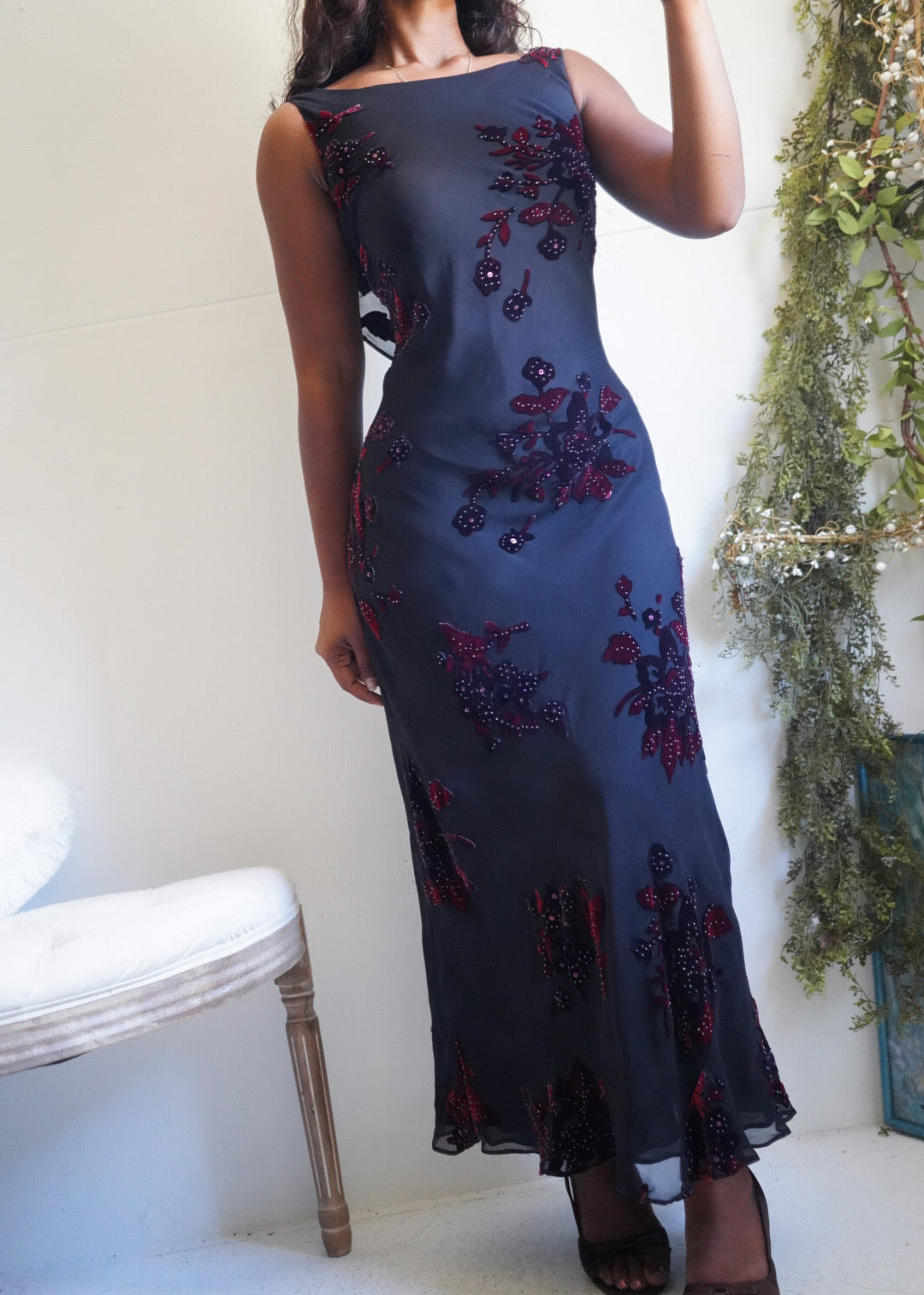 Y2K Burnout Velvet Floral Cowl Back Dress