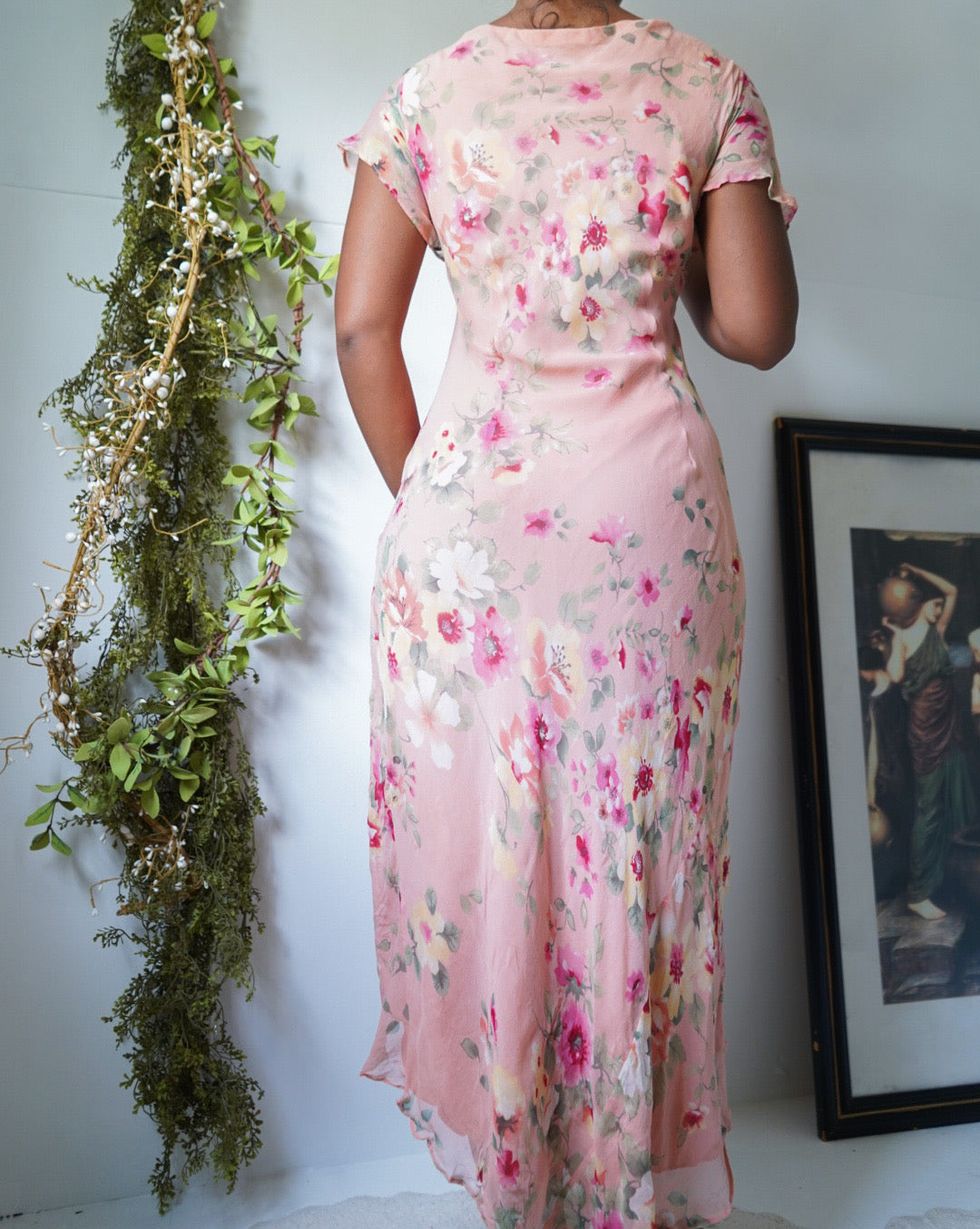 Peach Silk Romantic Floral Midi Dress