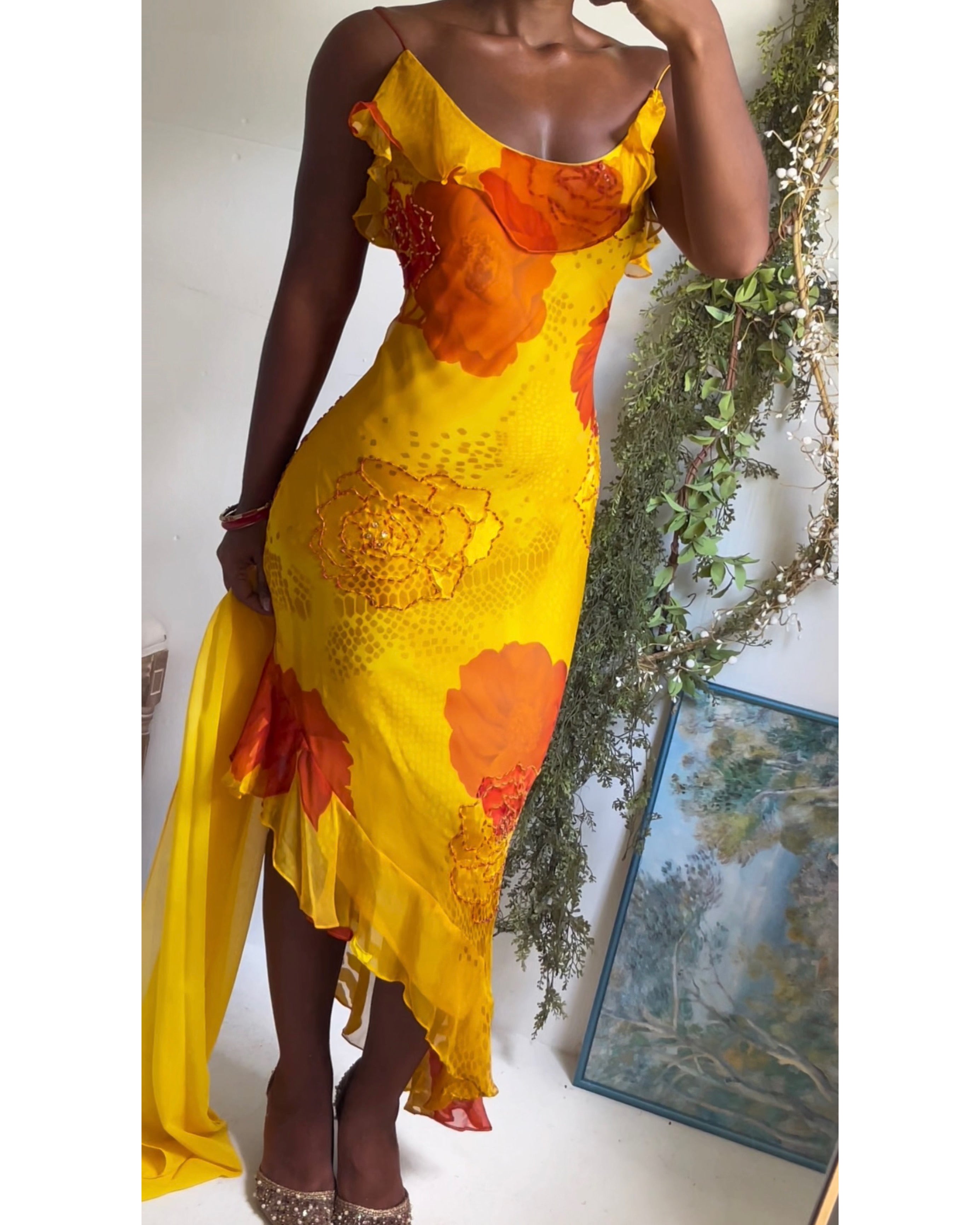 Y2K Yellow Burnout Rose Print Silk Dress