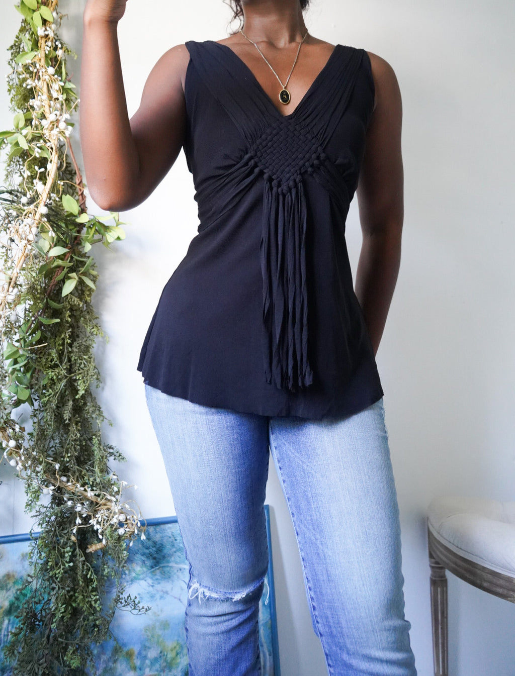 Y2K Black Mesh Fringe Detail Top