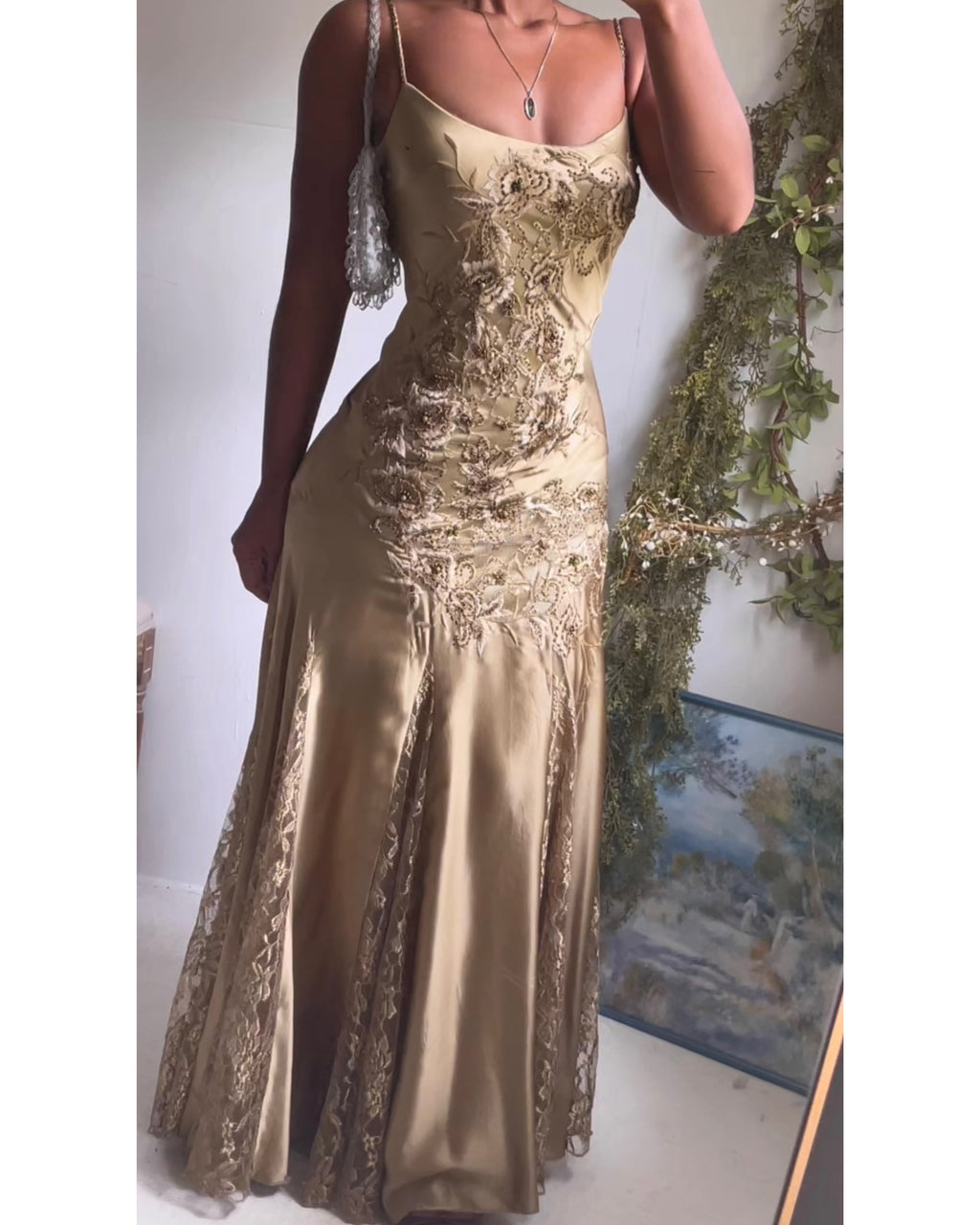Rare Y2K Sue Wong Nocturne Sage Silk and Lace Beaded Gown