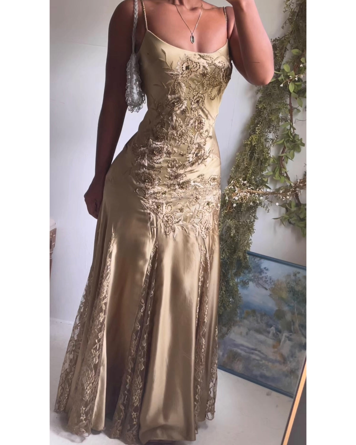 Rare Y2K Sue Wong Nocturne Sage Silk and Lace Beaded Gown