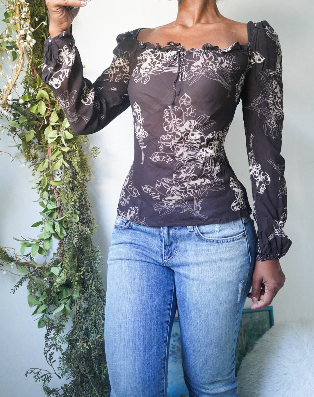 Y2K Brown and Cream Silk Blouse