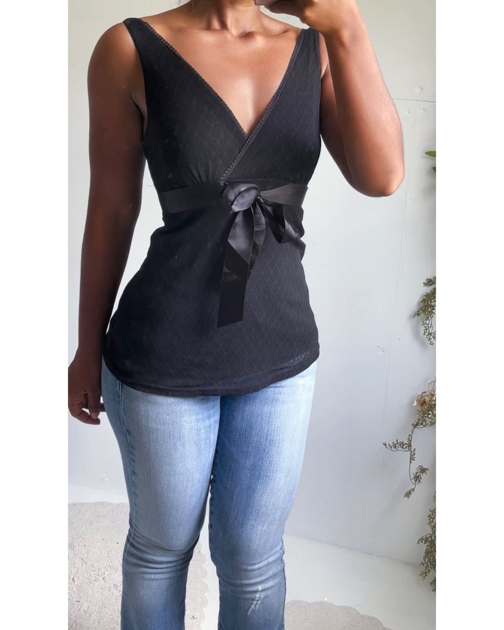 Vintage Y2K Black Bow Detail Mesh Top