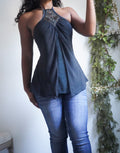 Y2K Black Washed Silk Boho Halter Top