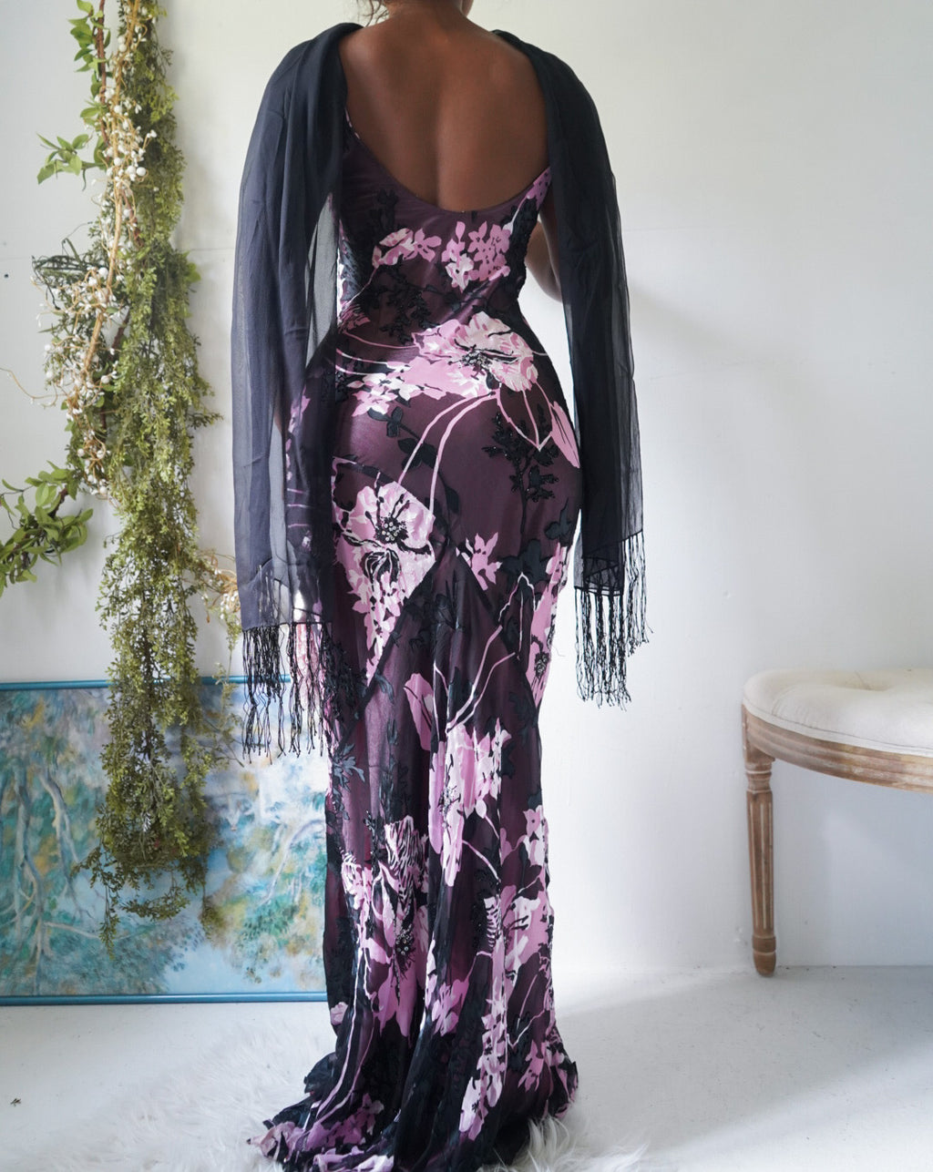 Rare Y2K Silk Devore Pink and Black Floral Gown