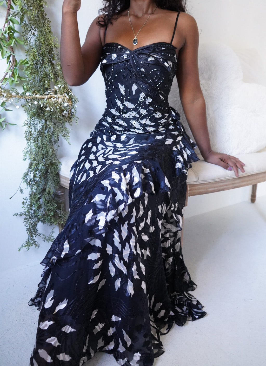 Y2K Monochrome Beaded Silk Burnout Gown