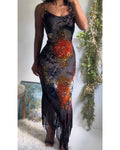 Rare Vintage Y2K Silk Velvet Burnout Fringe Hem Dress