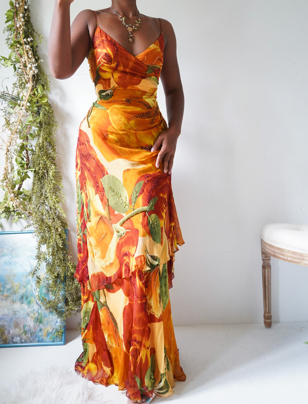 Vintage Y2K Autumn Rose Silk Beaded Gown