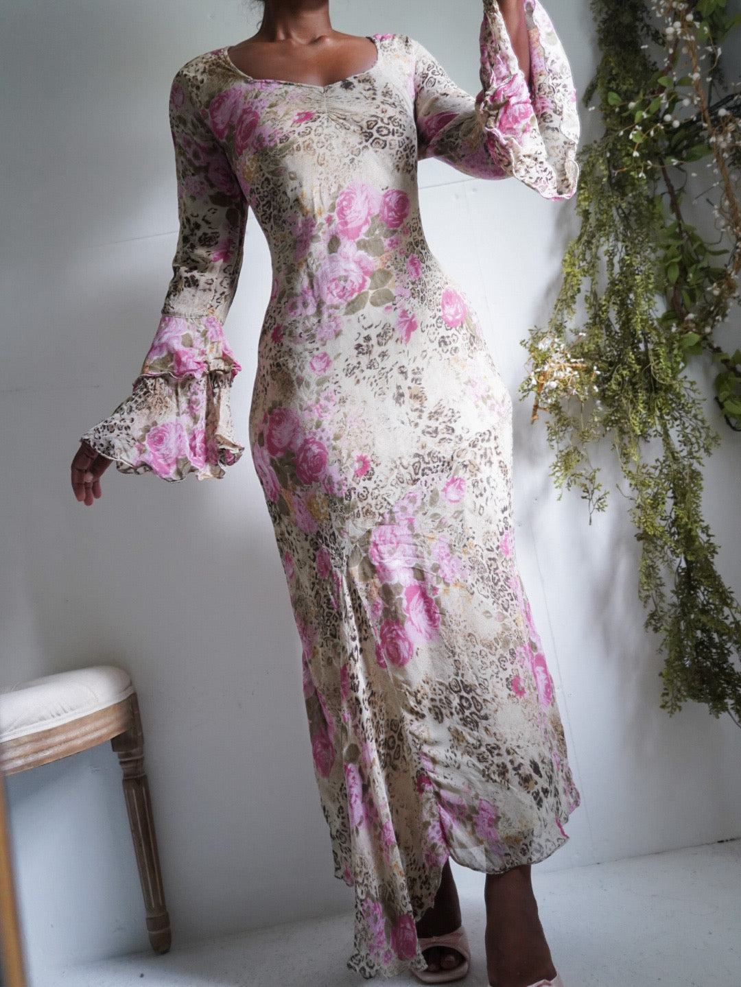 Y2K Animal Print Floral Ruffle Sleeve Dress