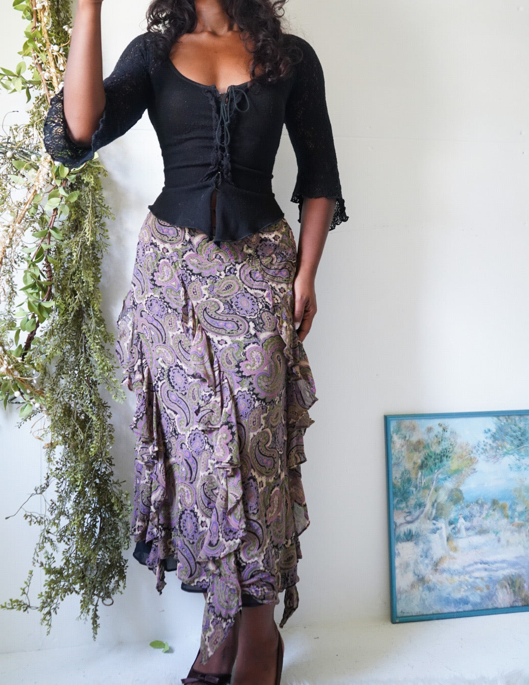 Y2K Purple and Black Paisley Boho Fairy Skirt