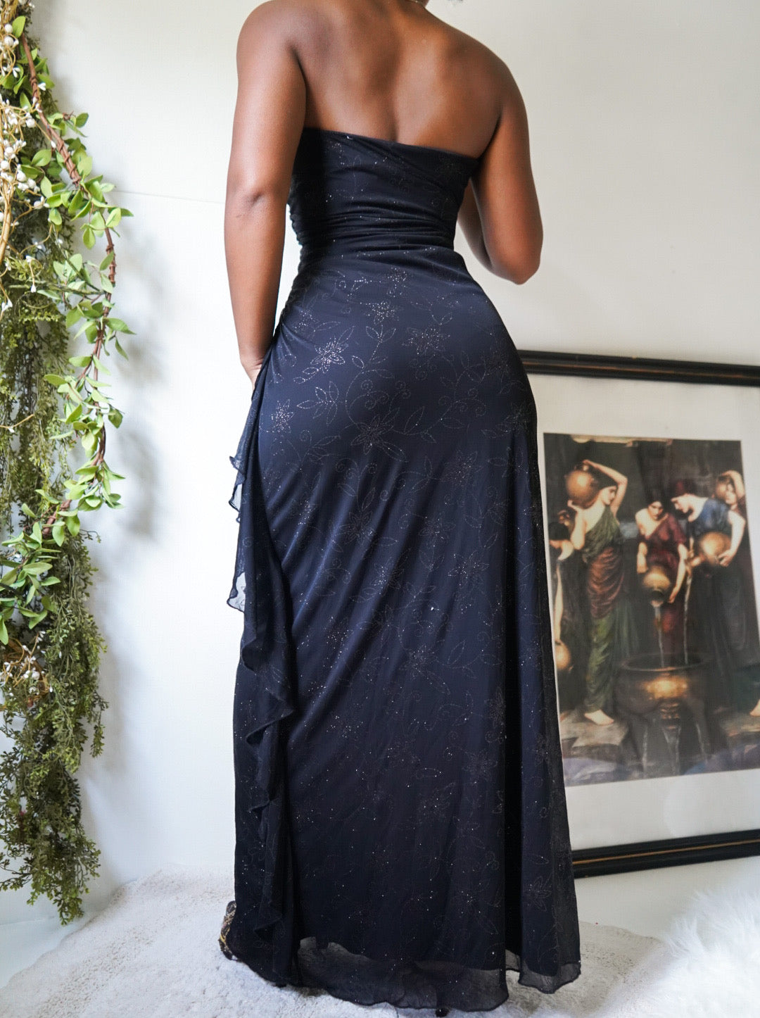 Strapless Glitter Floral Black Gown (M)