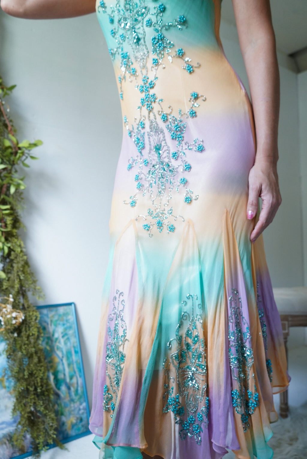 Rare Y2K Silk Fairy Beaded Midi Dress