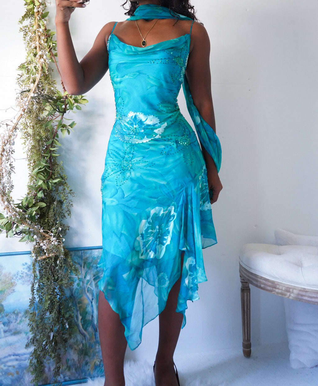 Vintage Y2K Teal Burnout Silk Dress with Scarf