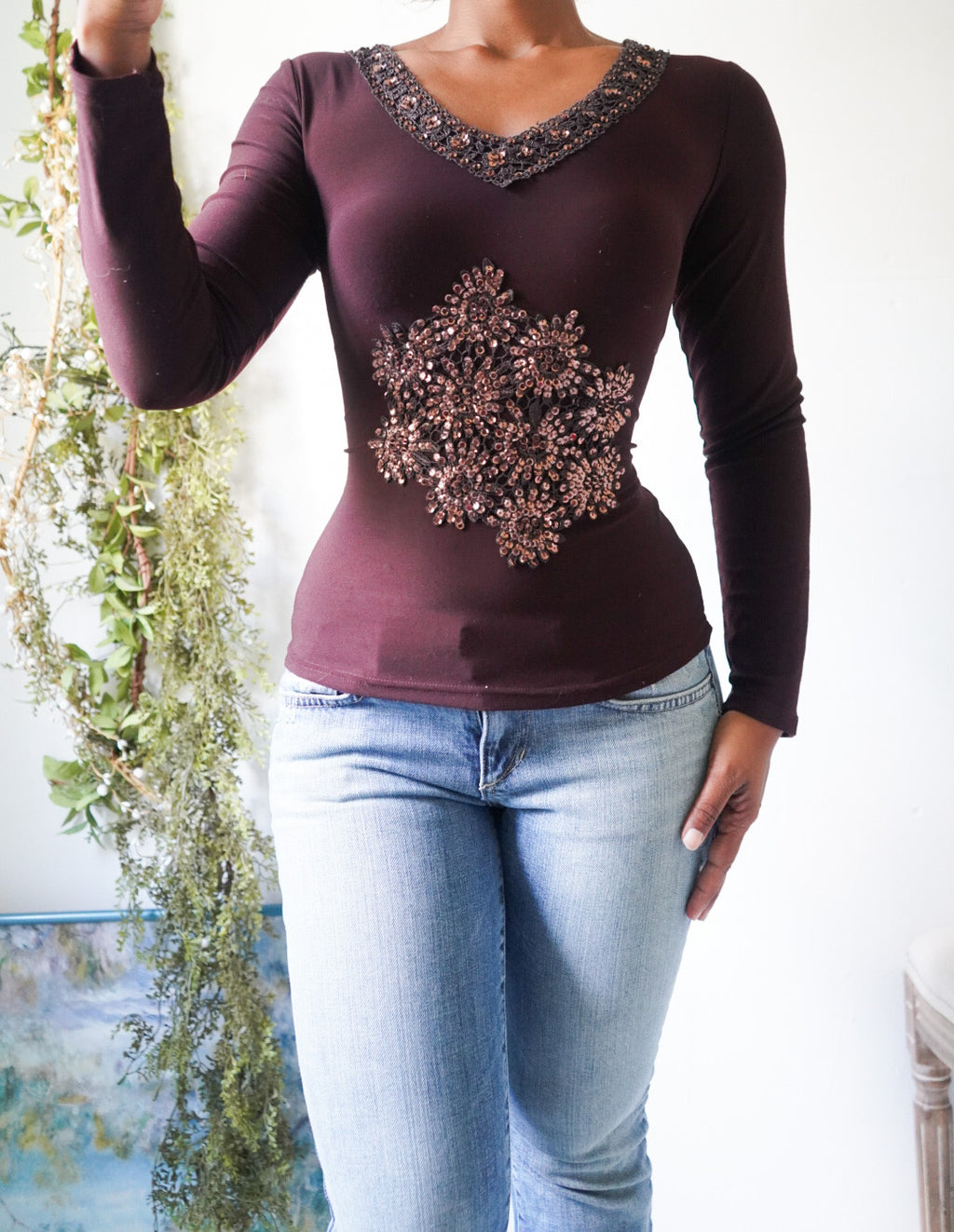 Y2K Brown Sequin Detail Long Sleeve Top