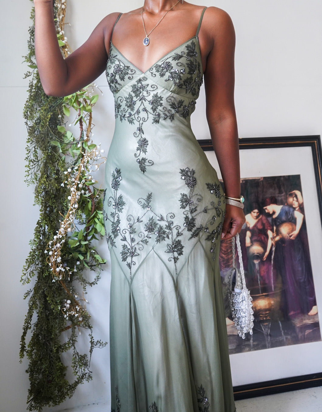 Olive Silk Layered Beaded Fairy Gown