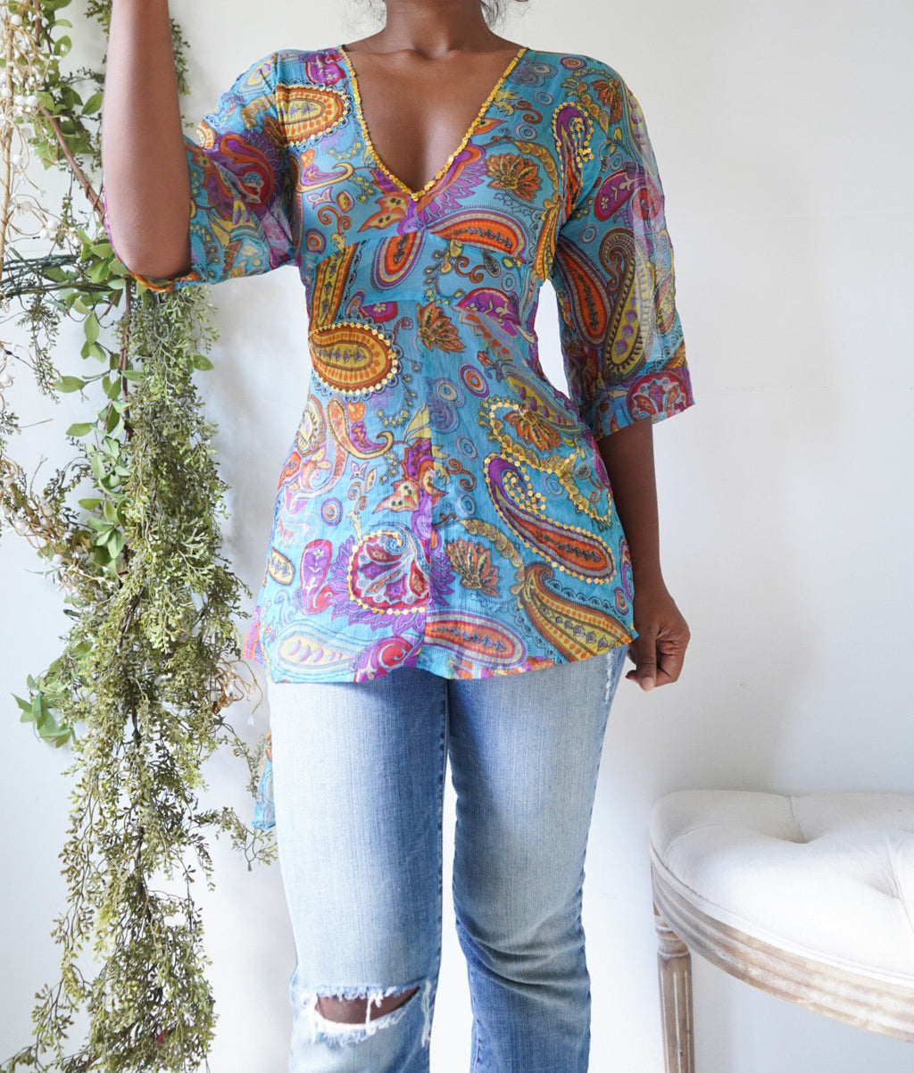 Y2K Boho Paisley Tie Back Top with Gold Sequins