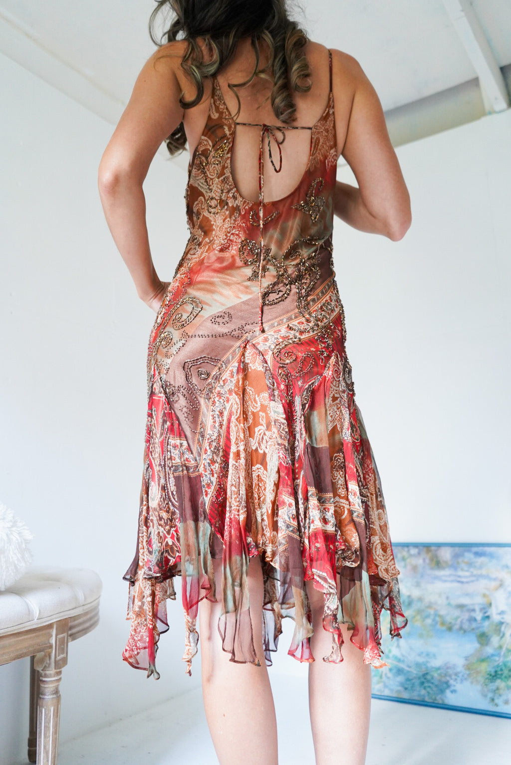 Rare Earthy Paisley Beaded Silk Dress with Scarf