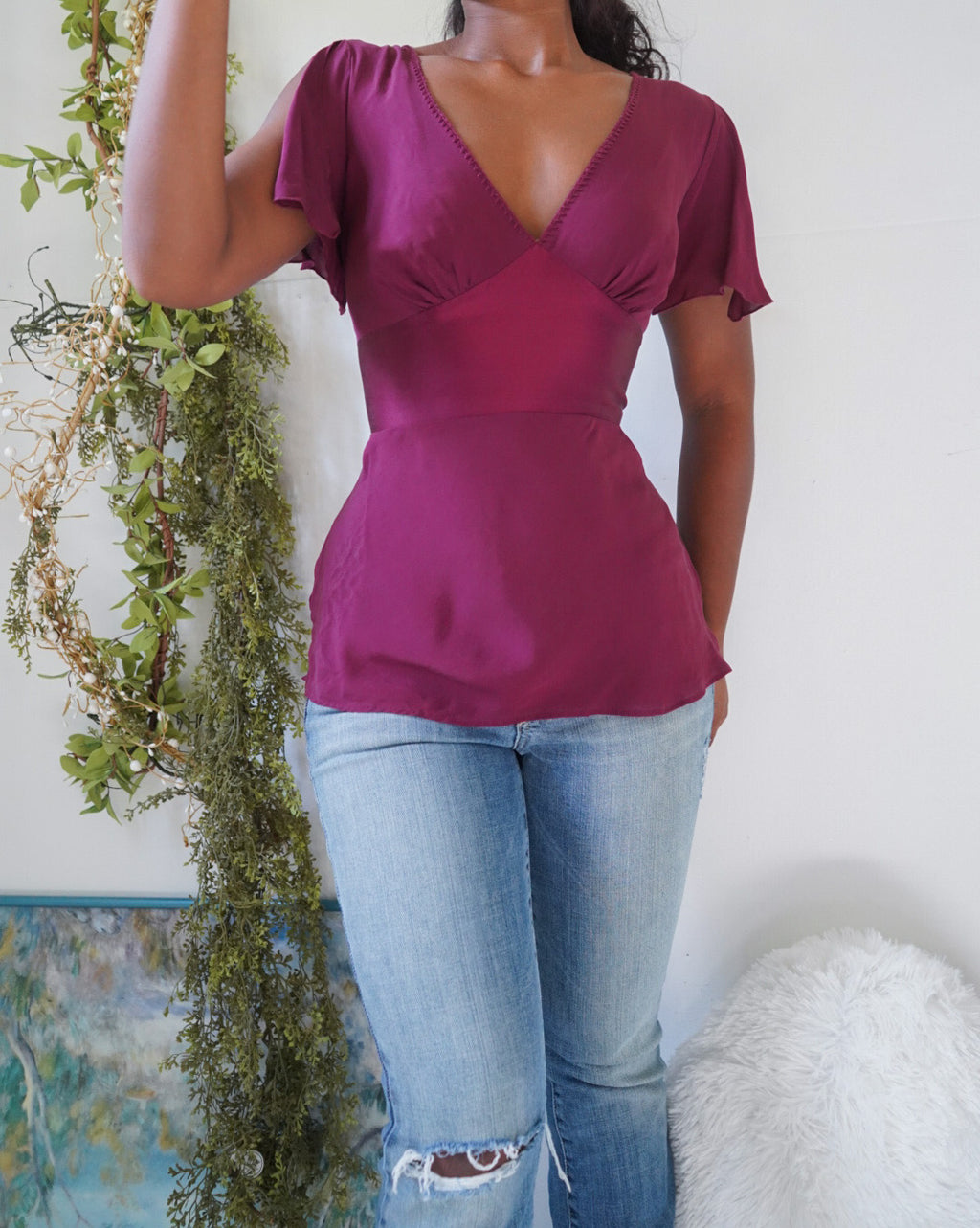 Y2K Purple Silk Flutter Sleeve Top