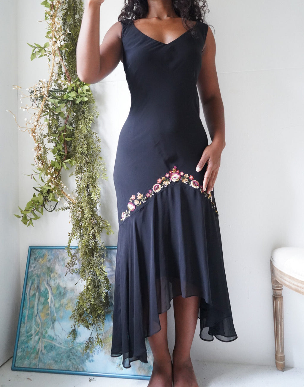 Y2K Floral Detail High Low Hem Black Dress