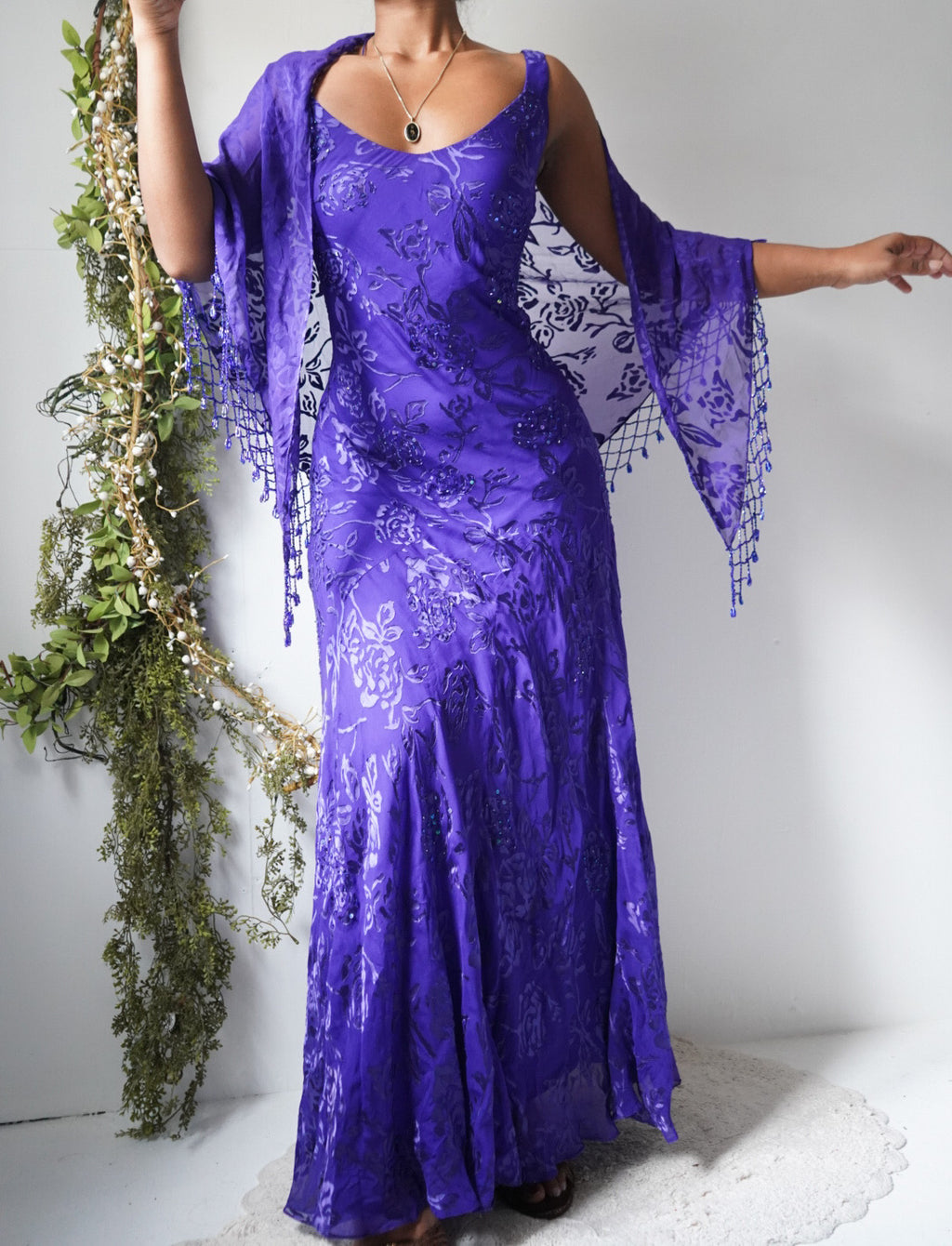 Vintage Y2K Silk Burnout Beaded Dress and Scarf