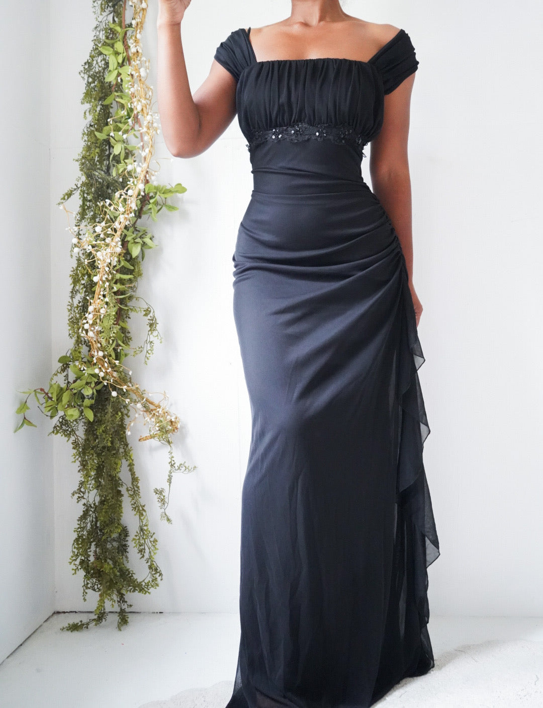 Vintage Y2K Black Milkmaid Bust Ruffle Detail Gown