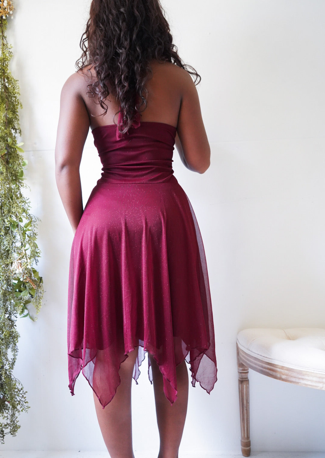 Y2K Wine Glitter Fairy Halter Dress