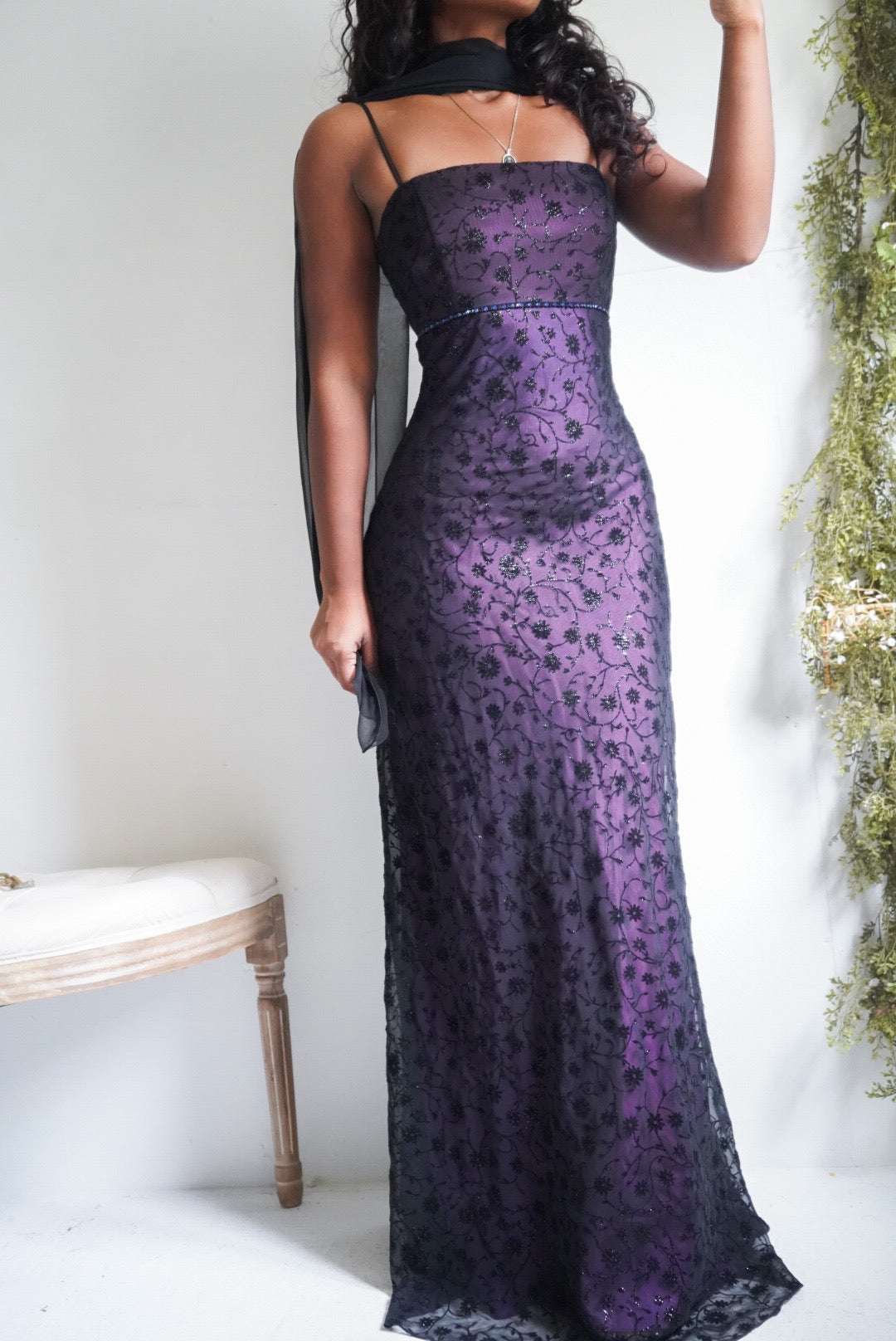 Rare Vintage Y2K Purple and Black Burnout Layered Gown