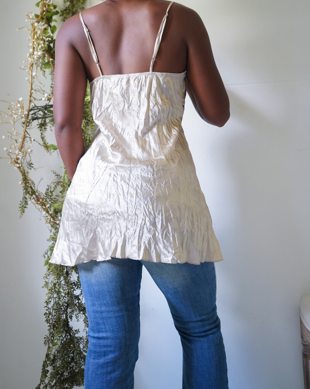 Rare Y2K Beige Crinkle Satin Boho Fairy Cami