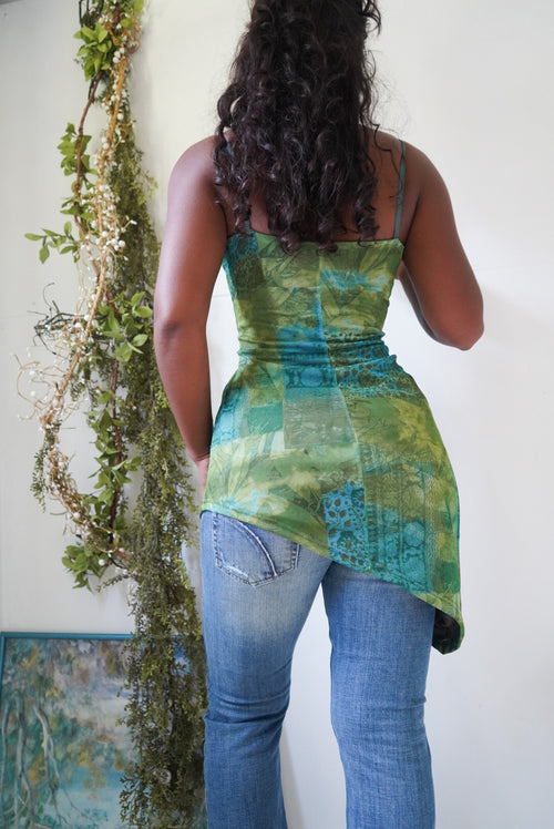 Y2K Green Paisley Long Asymmetric Cami