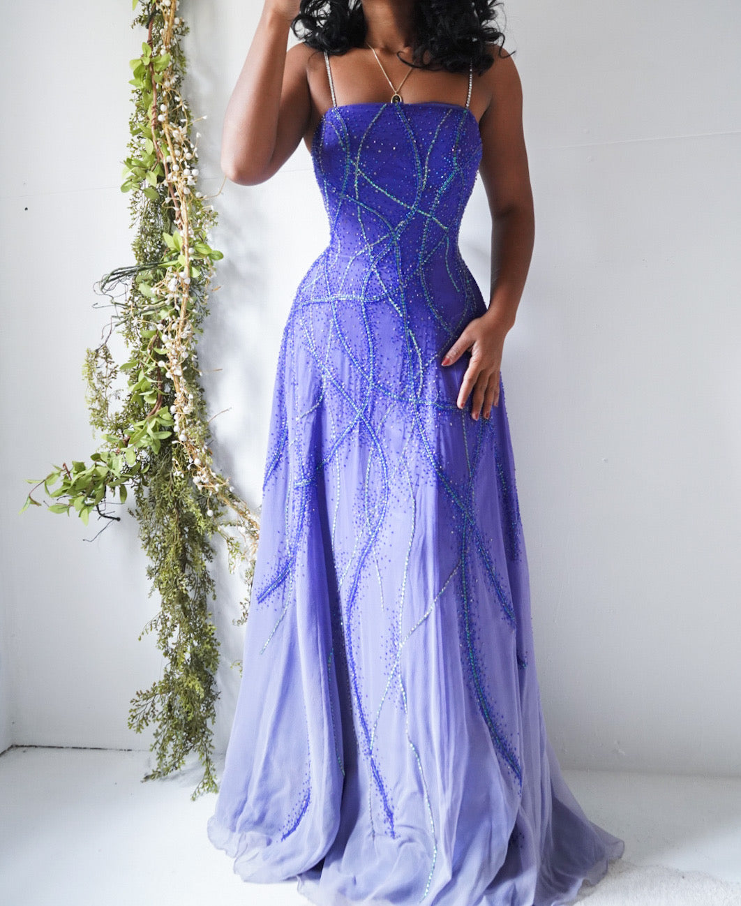 Purple and White Ombre Beaded Vintage Silk Gown