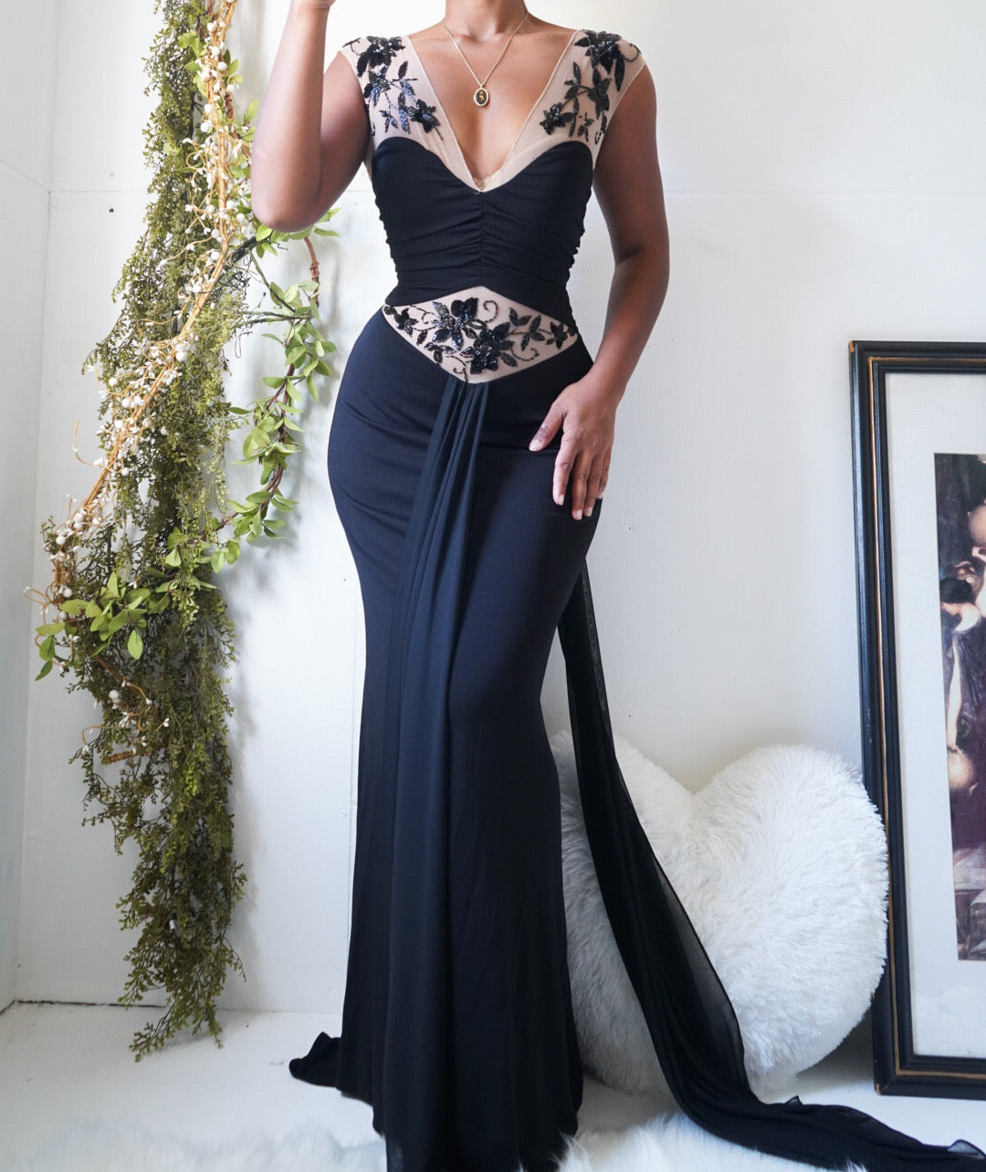 Vintage Beaded Illusion Detail Gown