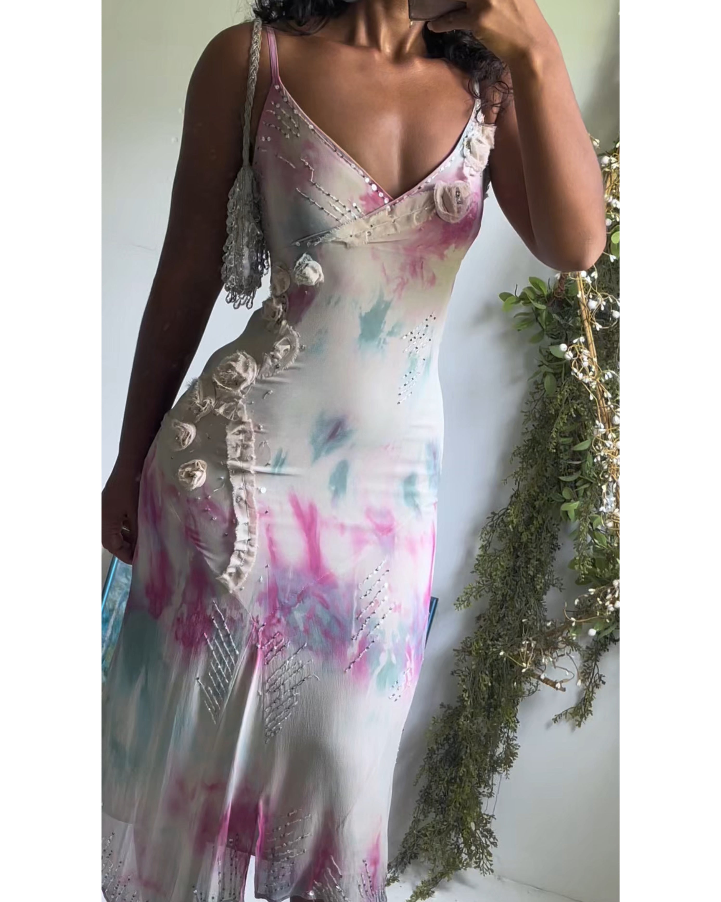 Y2K Watercolor Tie Dye Silk Fairy Midi Dress