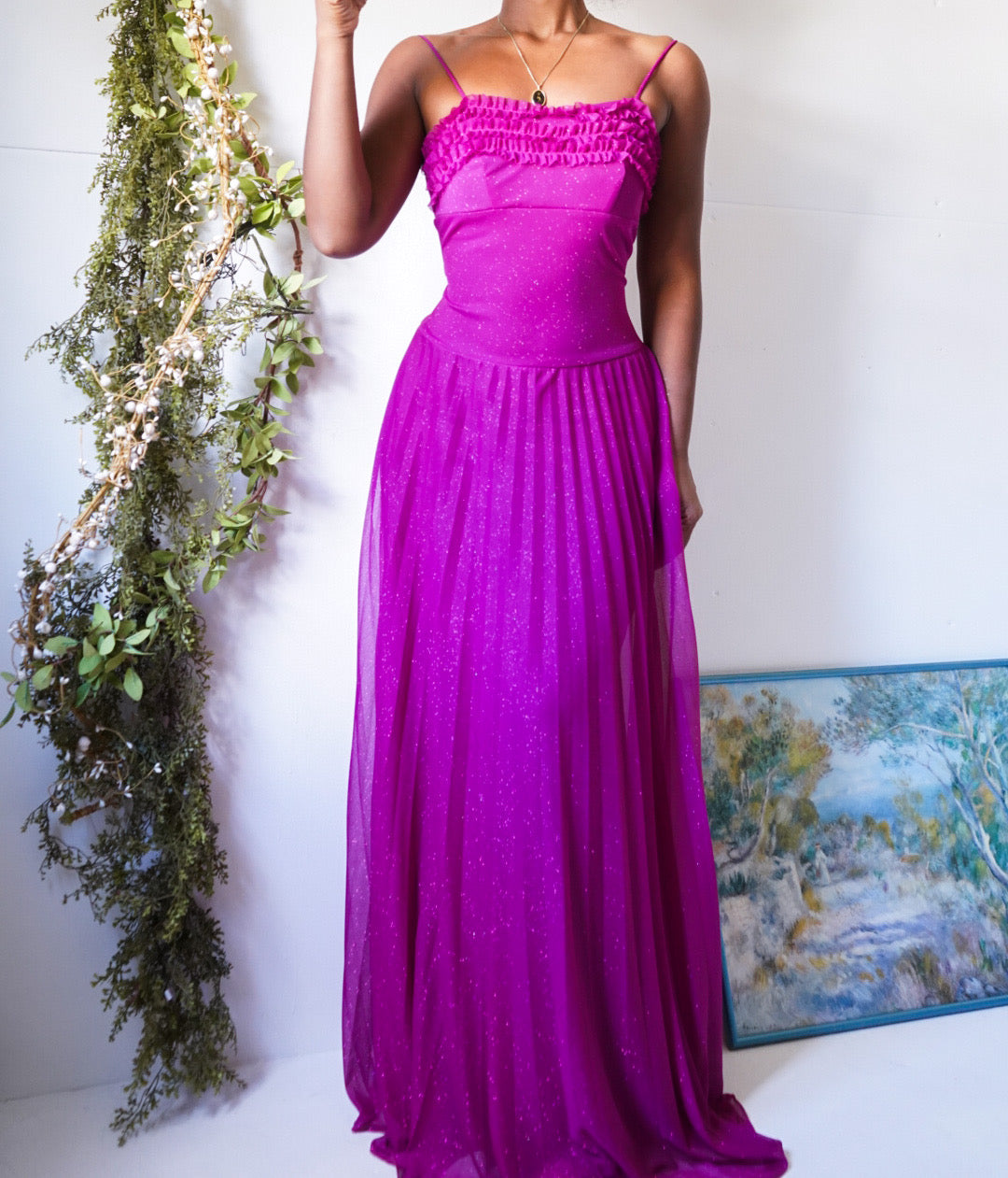 80’s Magenta Sparkle Pleat Skirt Gown