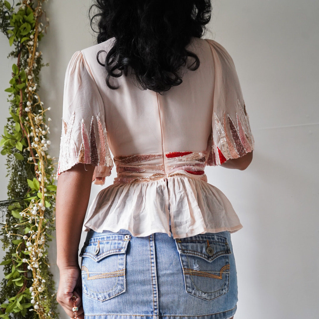 Y2K Light Peachy Pink Silk Peplum Top