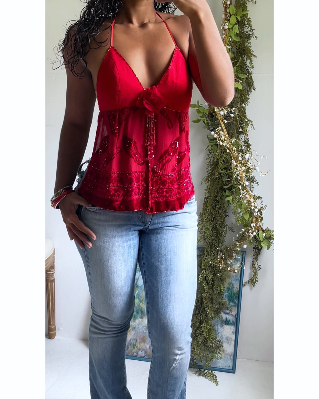 Y2K Red Burnout Velvet Split Front Reworked Top