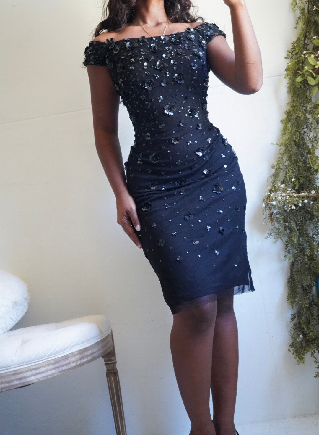 Y2K Black Sequin Off The Shoulder Dress
