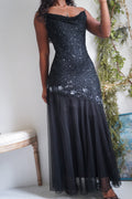 Y2K Black Beaded Tulle Hem Gown