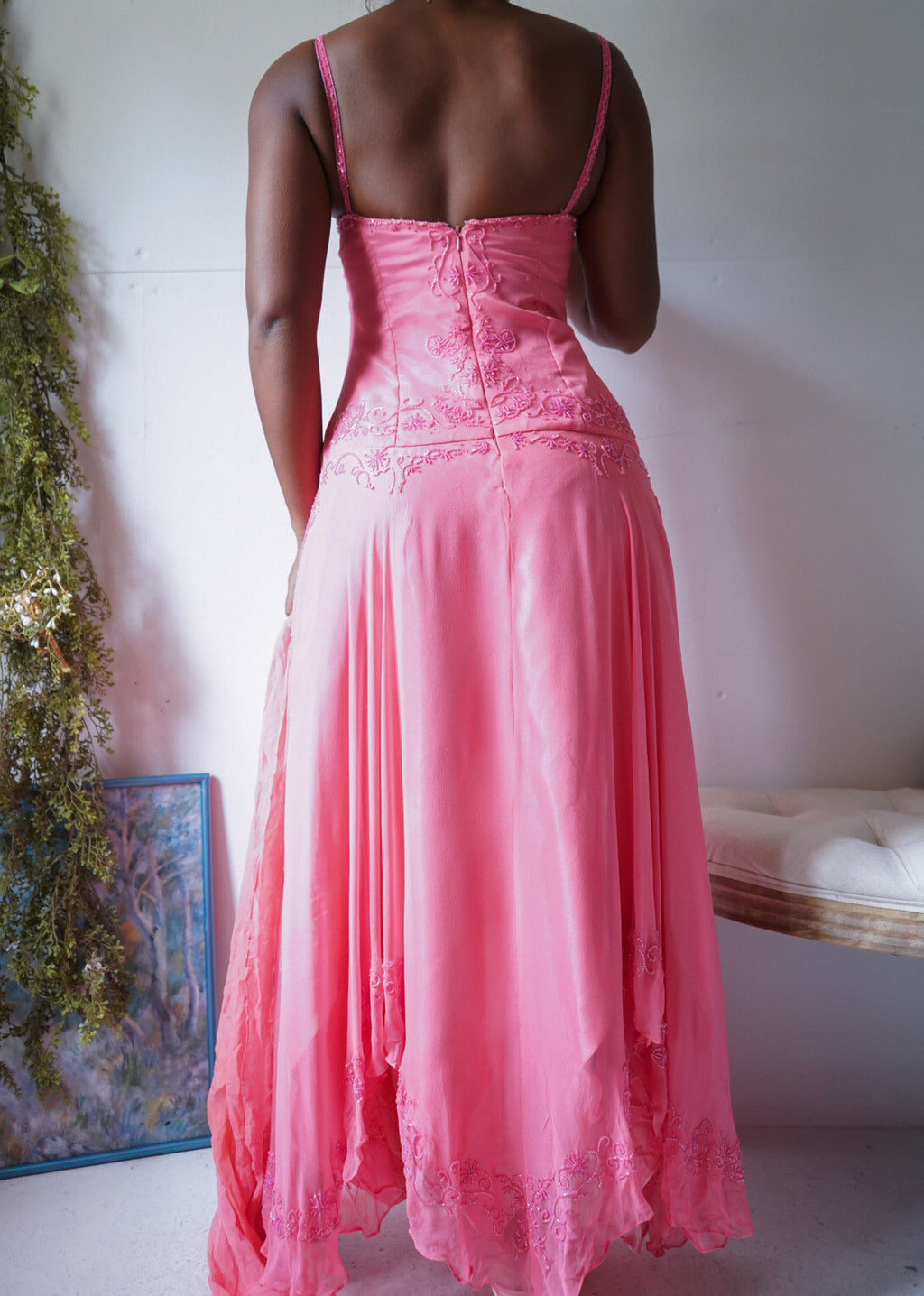 Y2K Coral Pink Silk Beaded Fairy Dress with Scarf