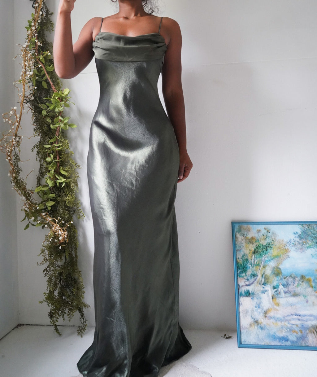 Y2K Olive Satin Iridescent Gown