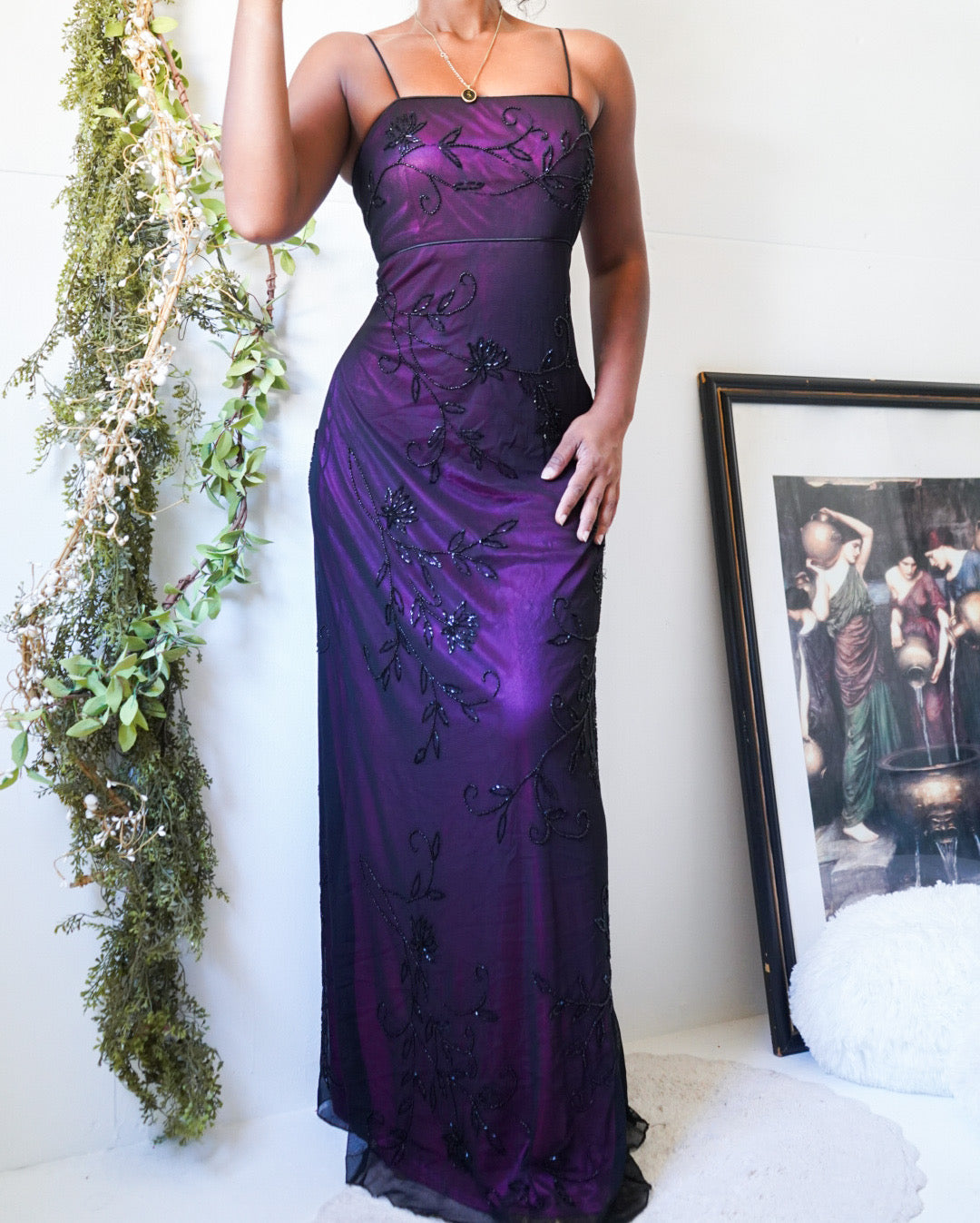 Vintage Black and Purple Layered Beaded Gown